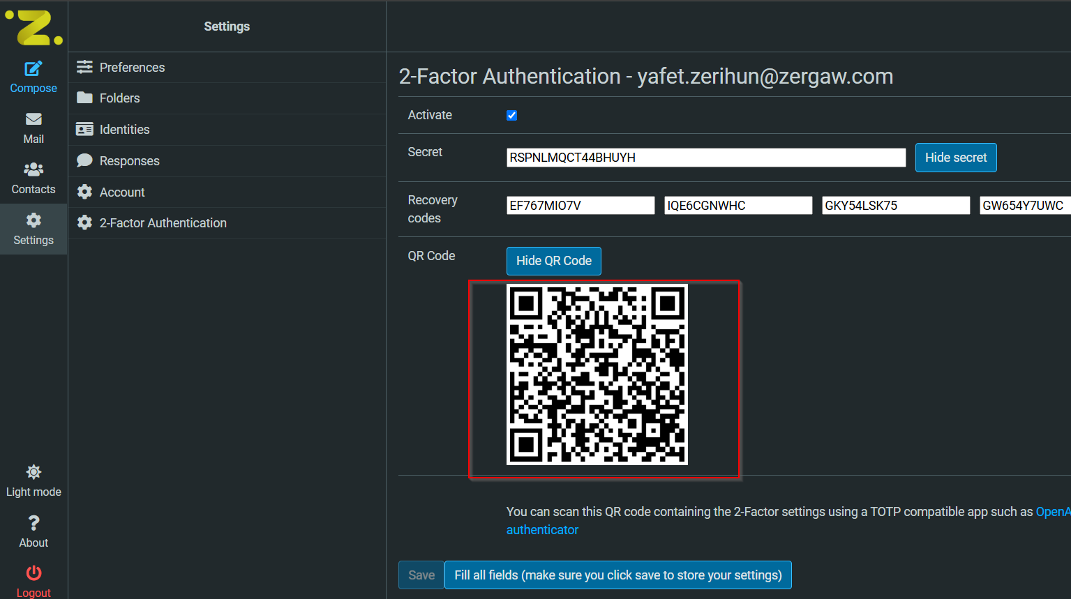 Create secret for 2FA