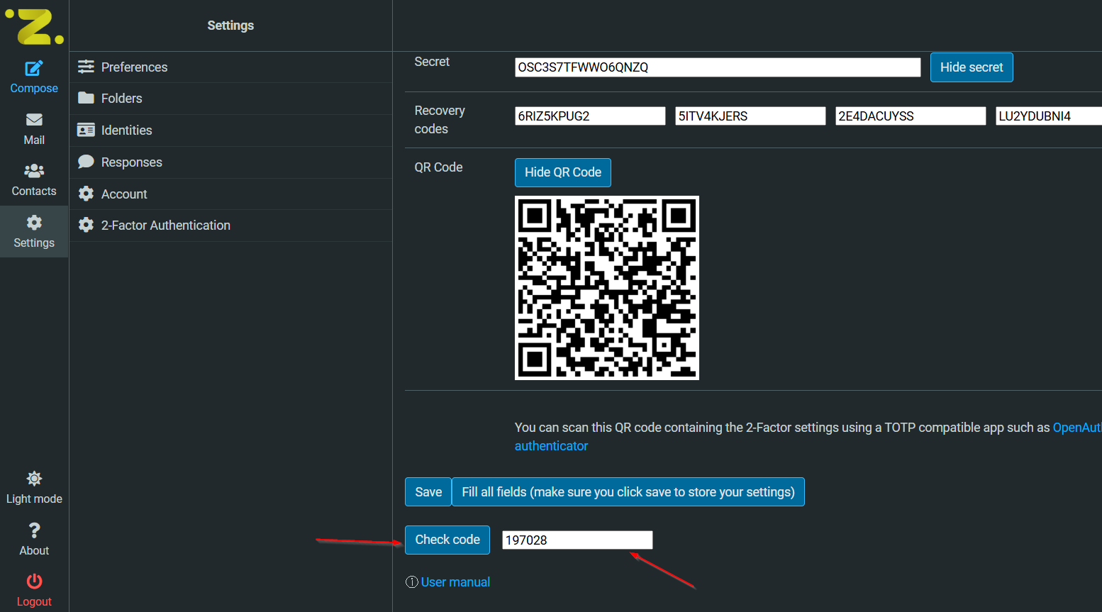 Enter 6-digit code to test