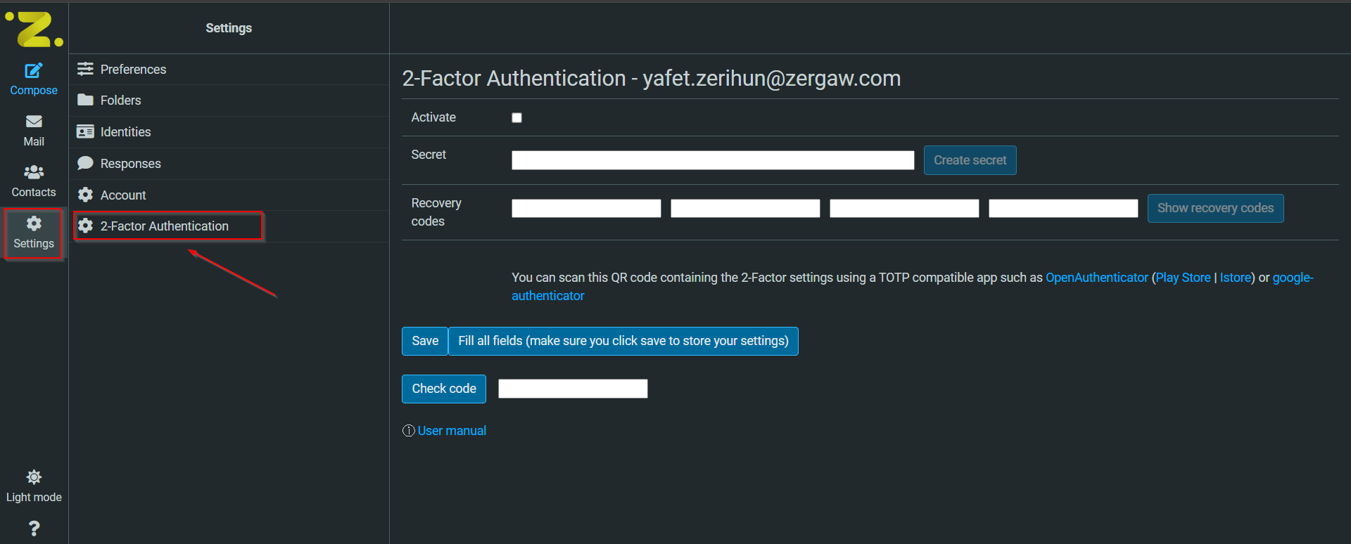 Go to 2-Factor Authentication settings